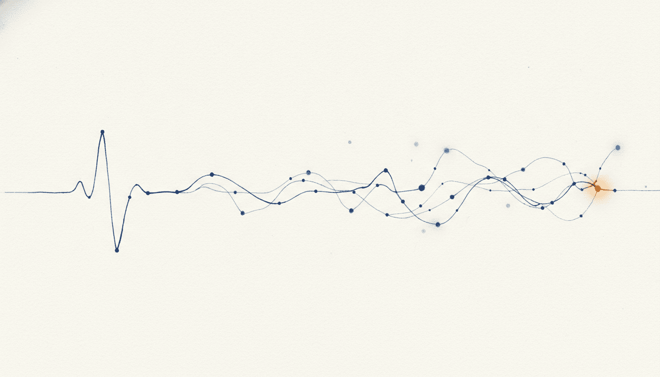 A clinical vitals trace unspooling into a connected graph of a patient's memory, with a single node lit warm amber.